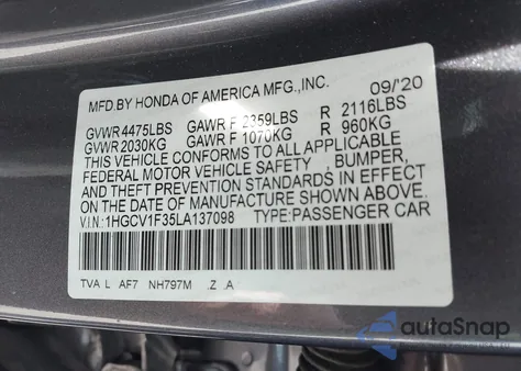 2020 Honda Accord Sport from USA, damaged, VIN 1HGCV1F35LA137098